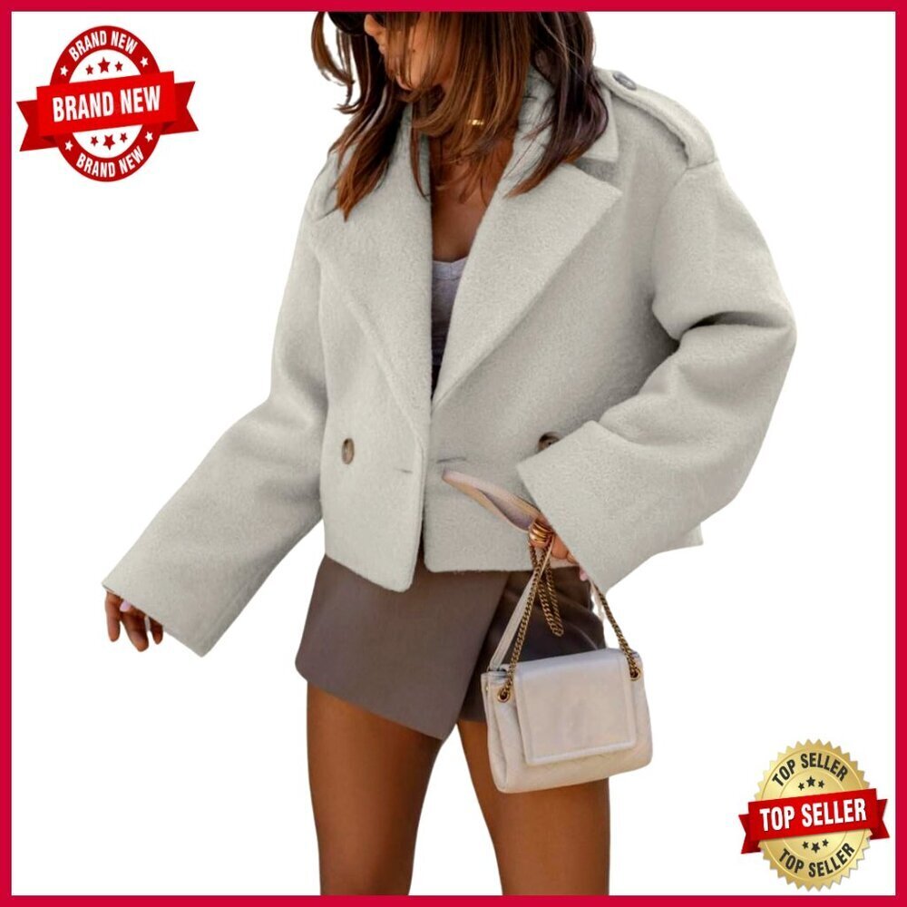 Wool Blend Cropped Pea Coat Double Breast Lapel Collar Office Jacket